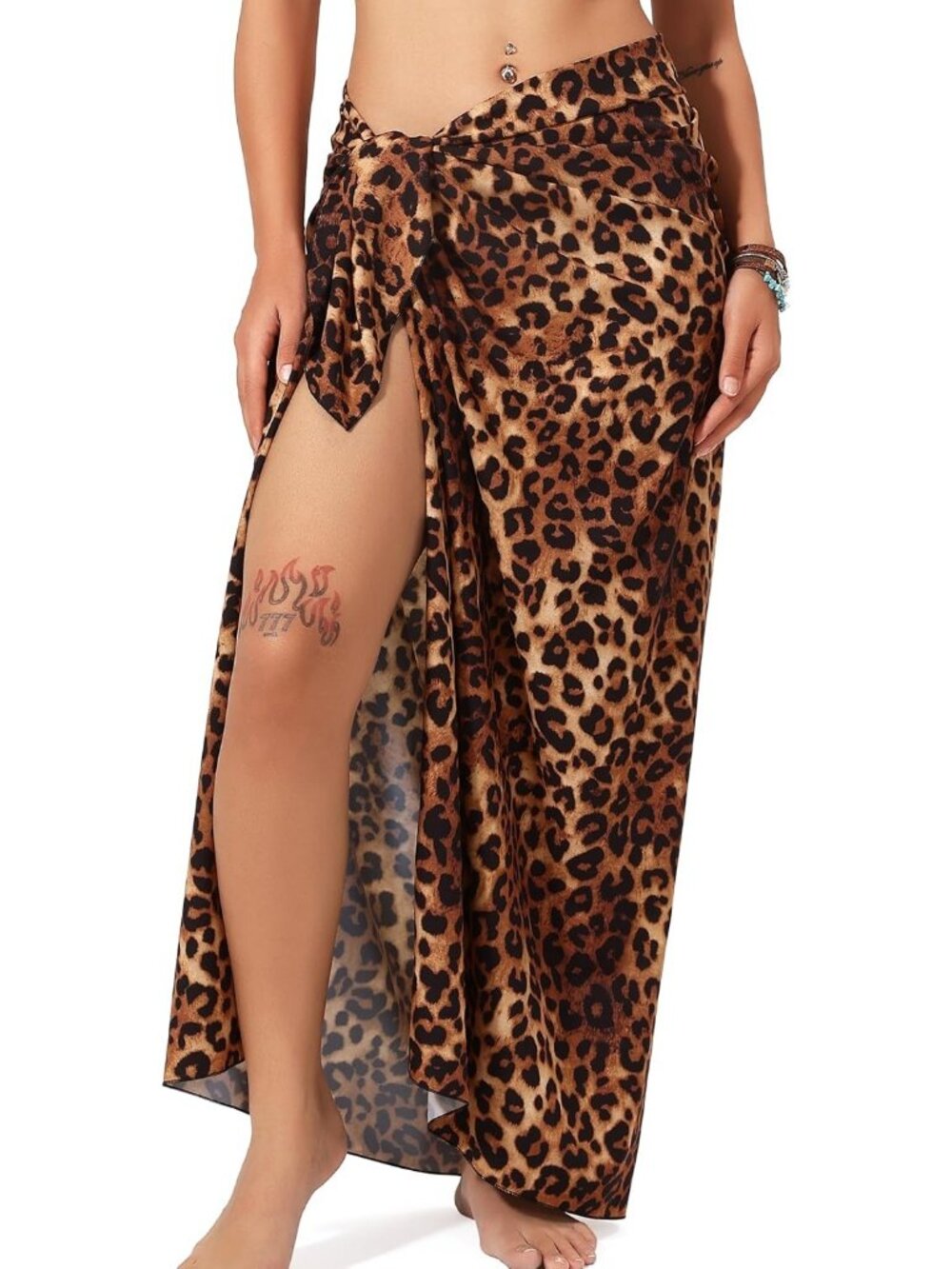 Women Brown Leopard Spots Polyester Beach Sarong Chiffon And Sheer Bikini Wrap